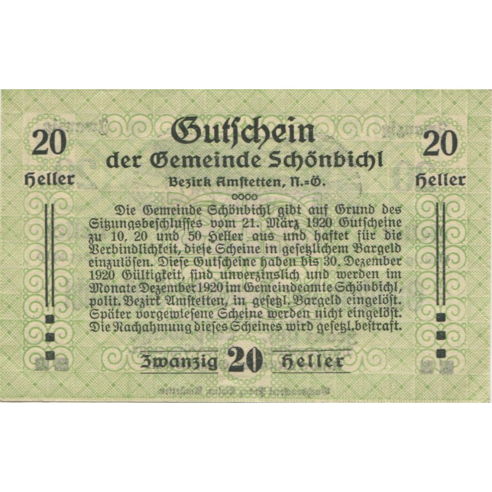 Banknote, Austria, Schonbichl, 20 Heller, champs, 1920 UNC(63) Mehl:FS 969Ib