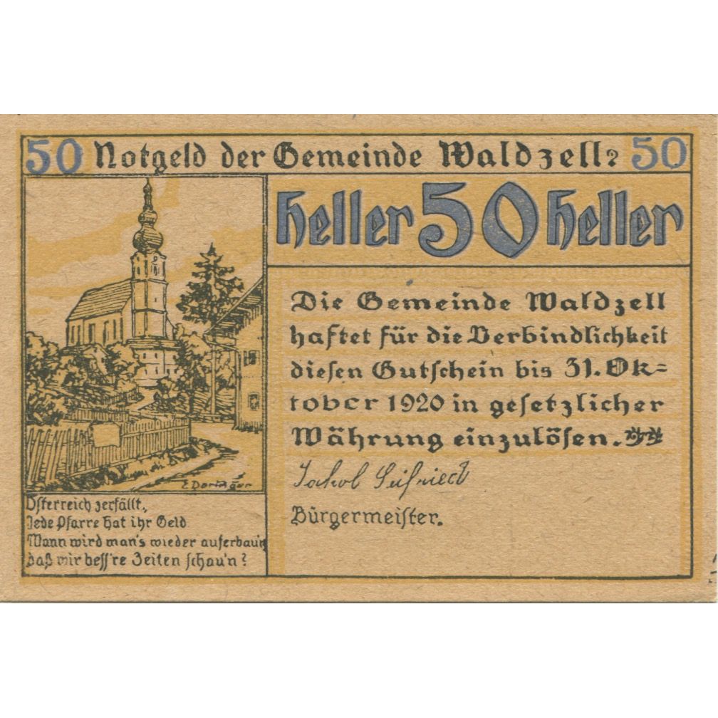 Banknote, Austria, Waldzell, 50 Heller, Eglise, 1920 UNC(63) Mehl:FS 1135a