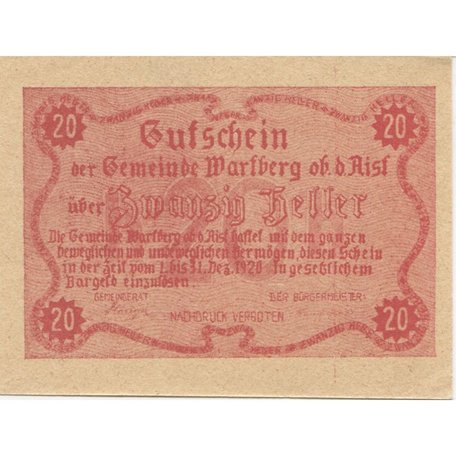 Geldschein, Österreich, Warlberg, 20 Heller, Texte, 1920 UNZ- Mehl:FS 1142a