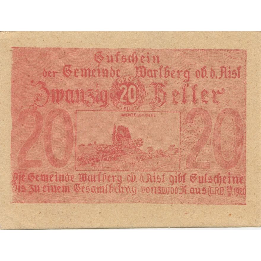 Geldschein, Österreich, Warlberg, 20 Heller, Texte, 1920 UNZ- Mehl:FS 1142a