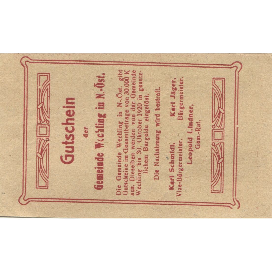 Banknote, Austria, Wechling, 30 Heller, Eglise, 1920 UNC(63) Mehl:FS 1145a