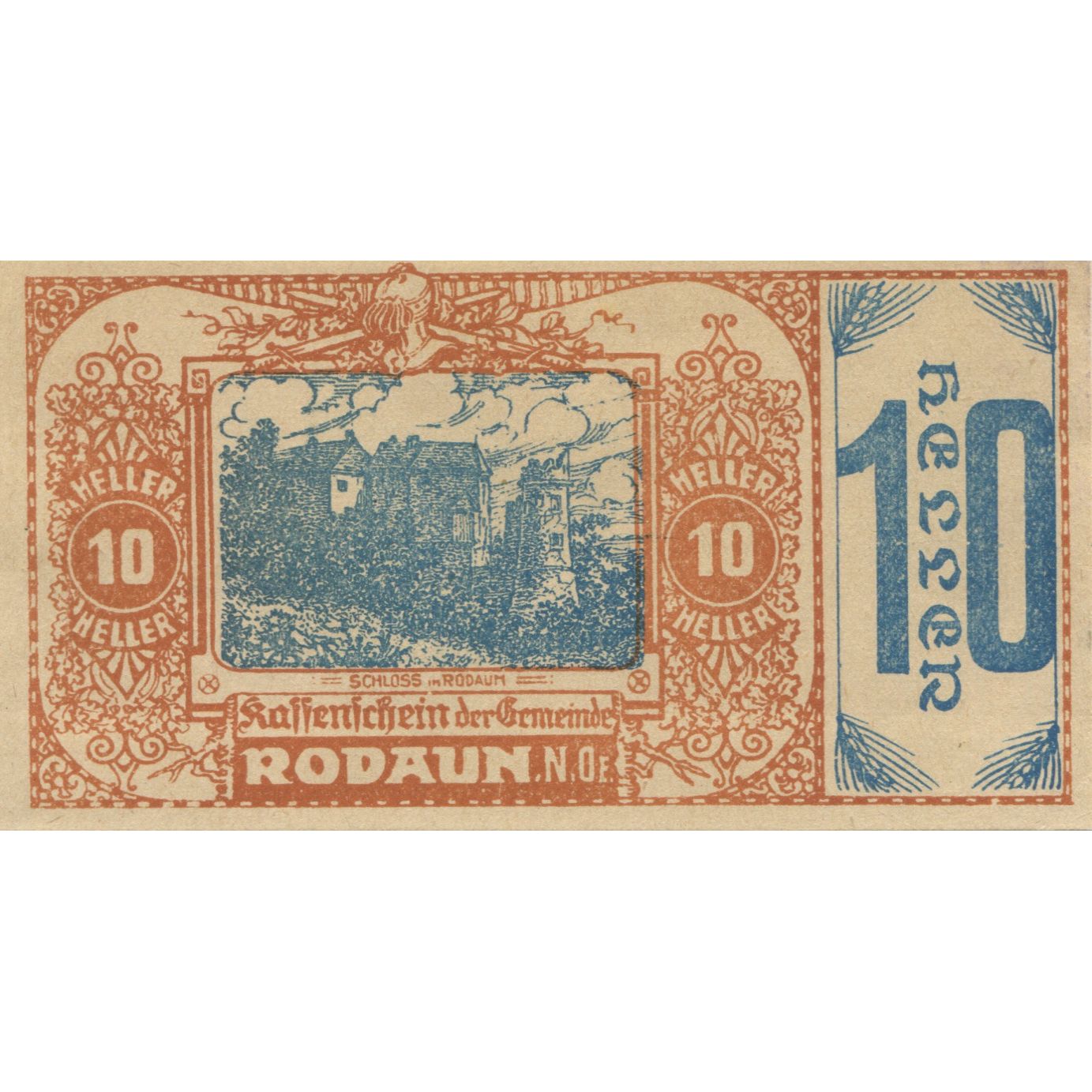 Banknote, Austria, Rodaun, 10 Heller, château, 1920, UNC(63), Mehl:FS 840IIa
