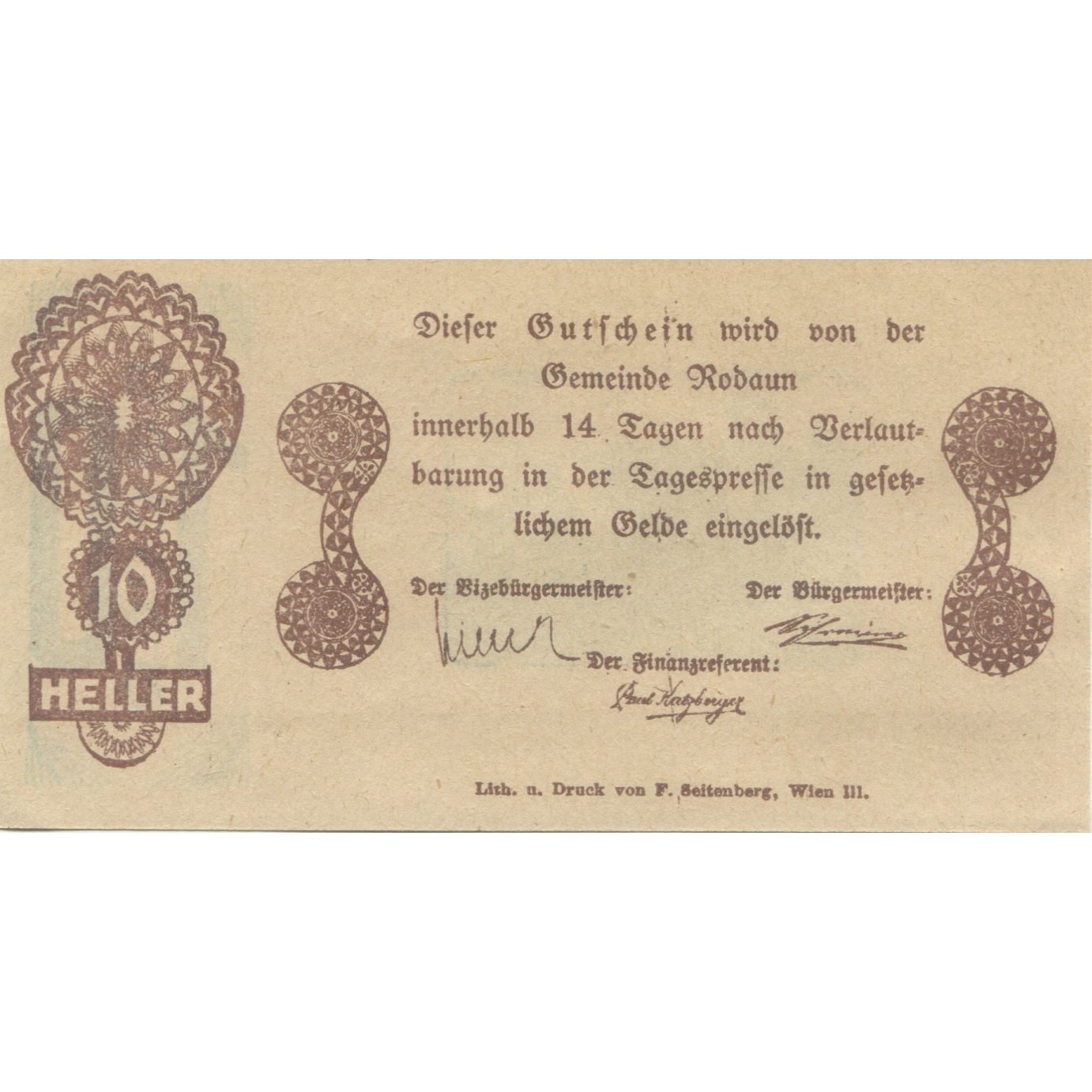 Banknote, Austria, Rodaun, 10 Heller, château, 1920, UNC(63), Mehl:FS 840IIa
