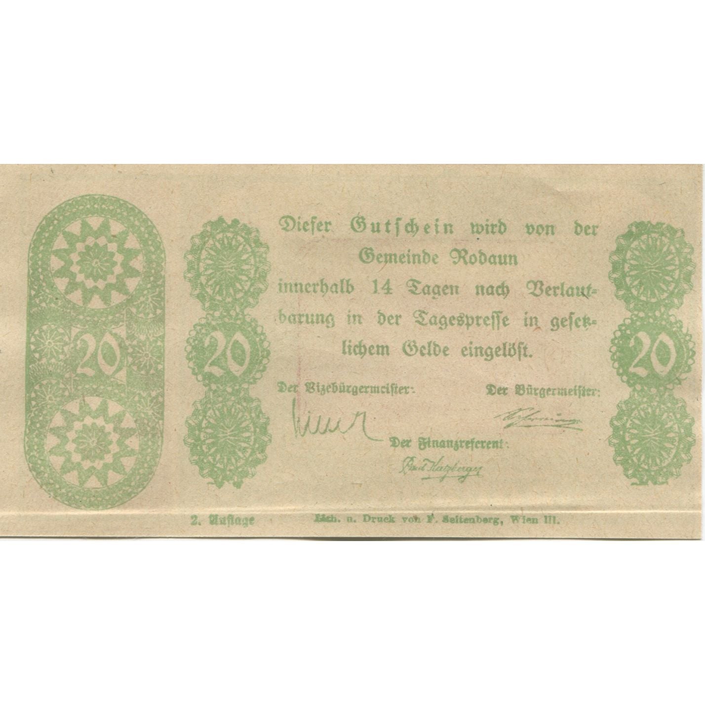 Banknote, Austria, Rodaun, 20 Heller, château, 1920, UNC(63), Mehl:FS 840IIa