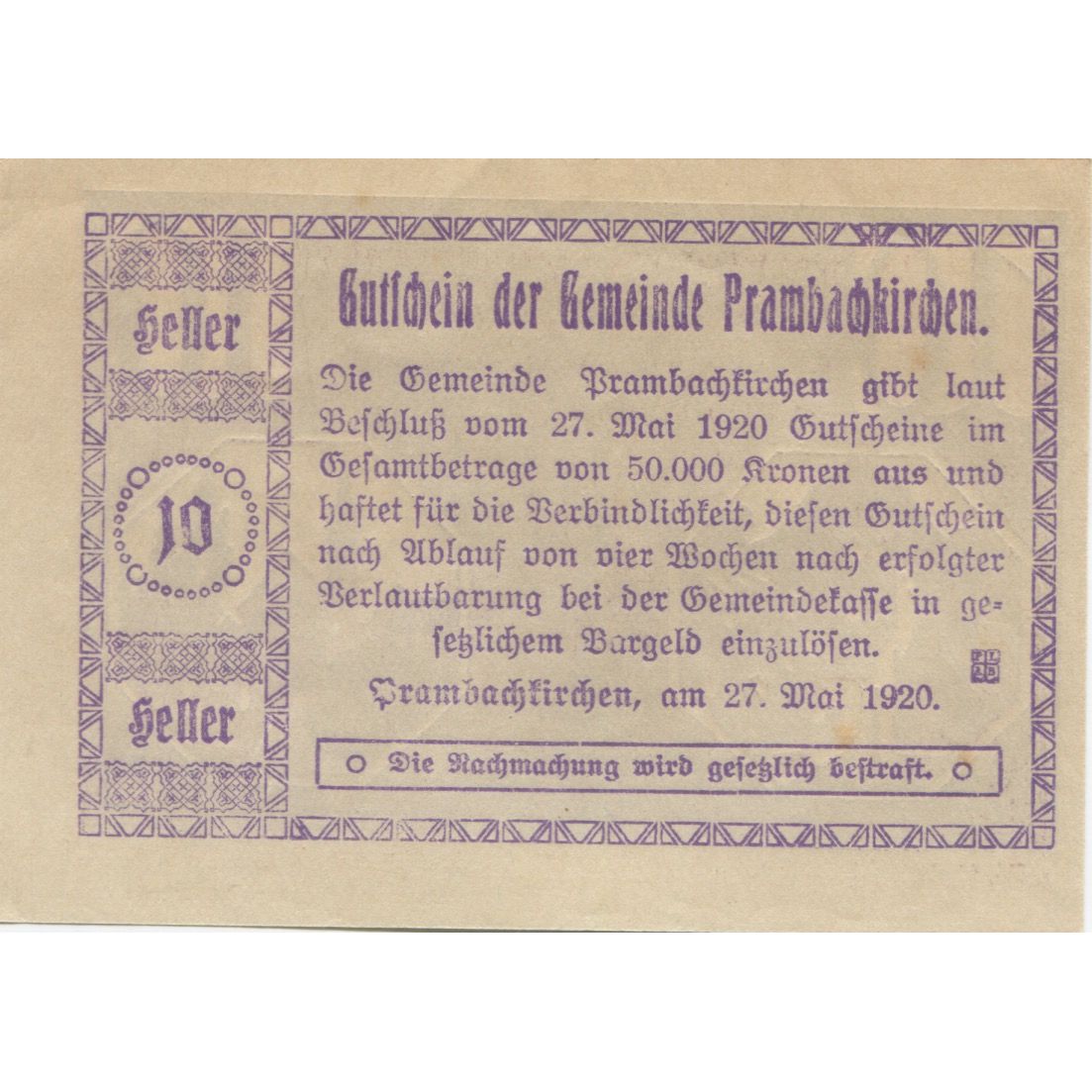 Banknote, Austria, Prambachkirchen, 10Heller Eglise 1920, UNC(63), Mehl:FS 779a