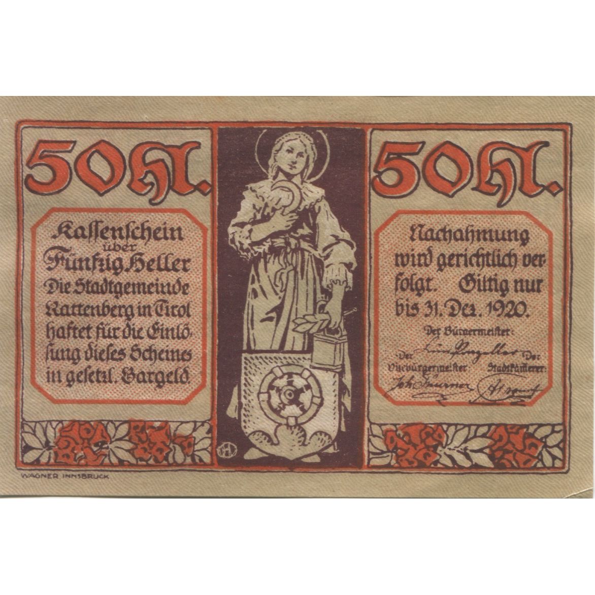 Banknote, Austria, Rattenberg, 50 Heller, statue, 1920 UNC(63) Mehl:FS 821I