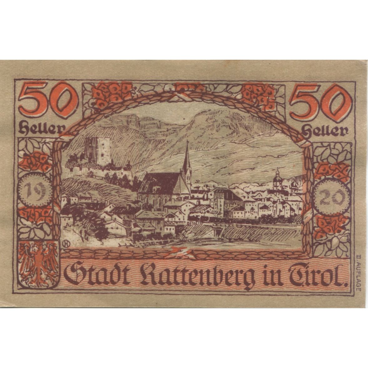 Banknote, Austria, Rattenberg, 50 Heller, statue, 1920 UNC(63) Mehl:FS 821I