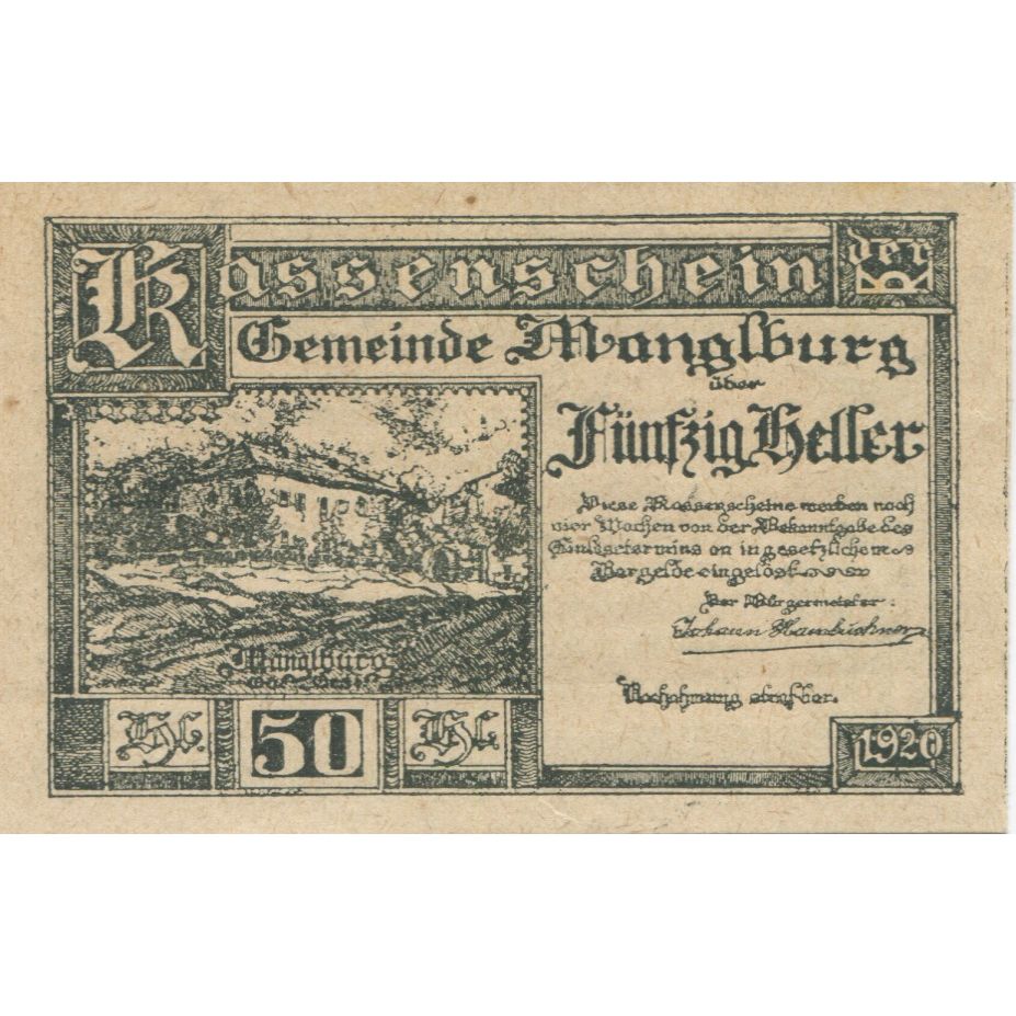 Banknote, Austria, Manglburg, 50 Heller, ferme, 1920 UNC(63) Mehl:FS 288