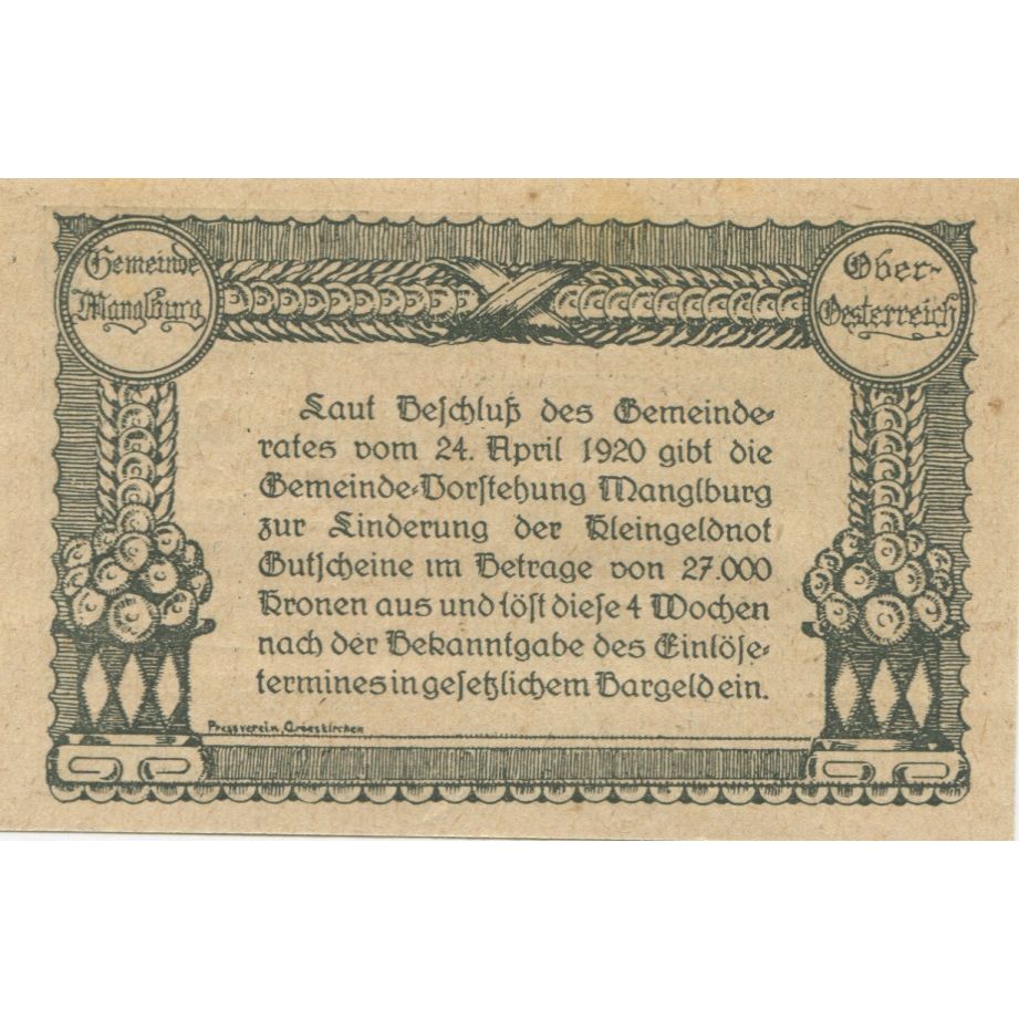Banknote, Austria, Manglburg, 50 Heller, ferme, 1920 UNC(63) Mehl:FS 288