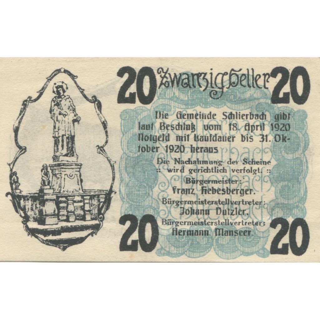 Banknote, Austria, Schlierbach, 20 Heller, château, 1920 UNC(63) Mehl:FS 962I