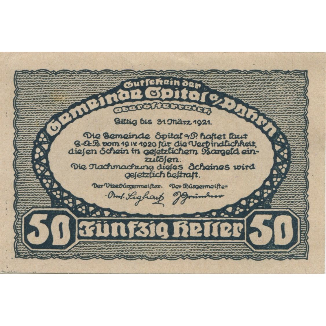 Banknote, Austria, Spital, 50 Heller, paysage, 1921 UNC(63) Mehl:FS 1007Ib