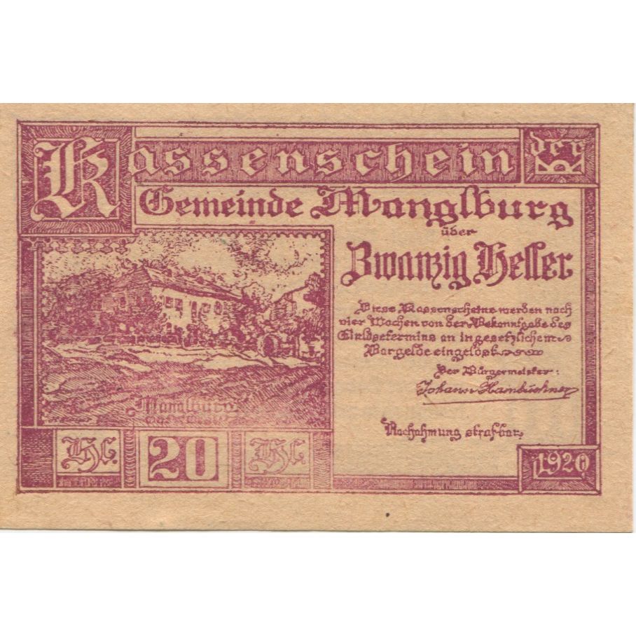Geldschein, Österreich, Manglburg, 20 Heller, château 1920 UNZ- Mehl:FS 288
