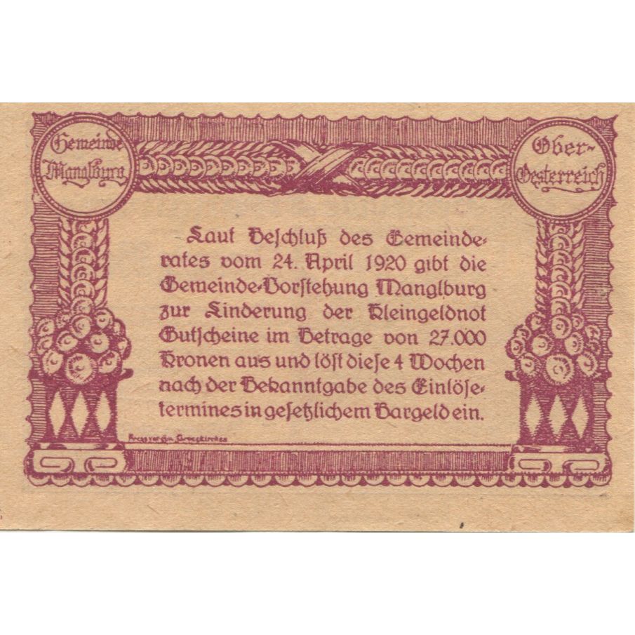 Geldschein, Österreich, Manglburg, 20 Heller, château 1920 UNZ- Mehl:FS 288