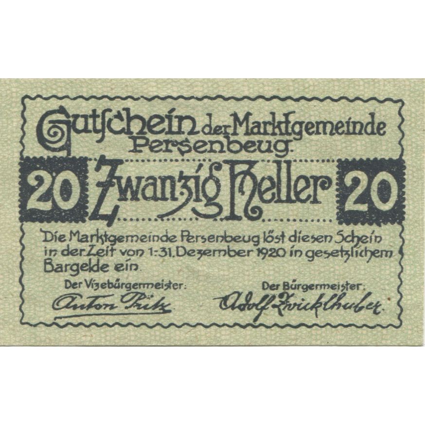 Banknote, Austria, Persenbeug, 20 Heller, Blason, 1920 UNC(63) Mehl:FS 735I
