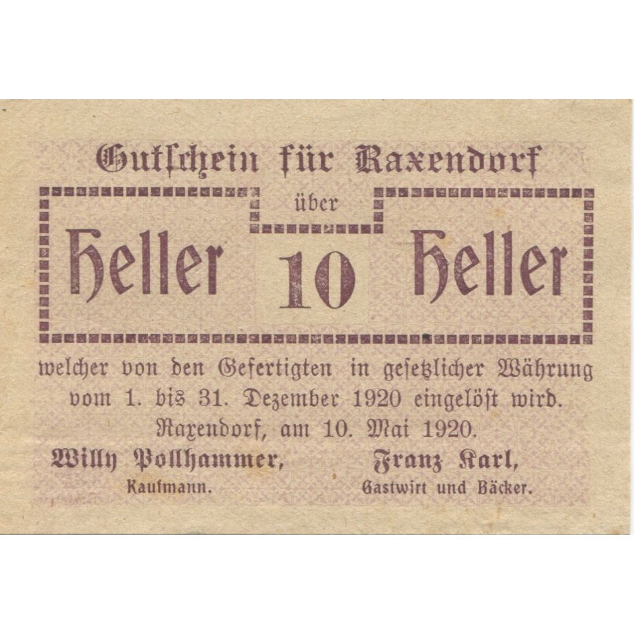 Banknote, Austria, Raxendorf, 10 Heller, Texte, 1920 UNC(63) Mehl:FS 824