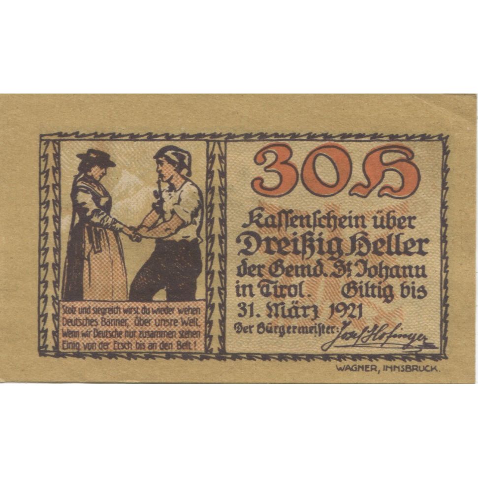 Banknote, Austria, St Johann, 30 Heller, personnage, 1921 UNC(63) Mehl:FS 898a