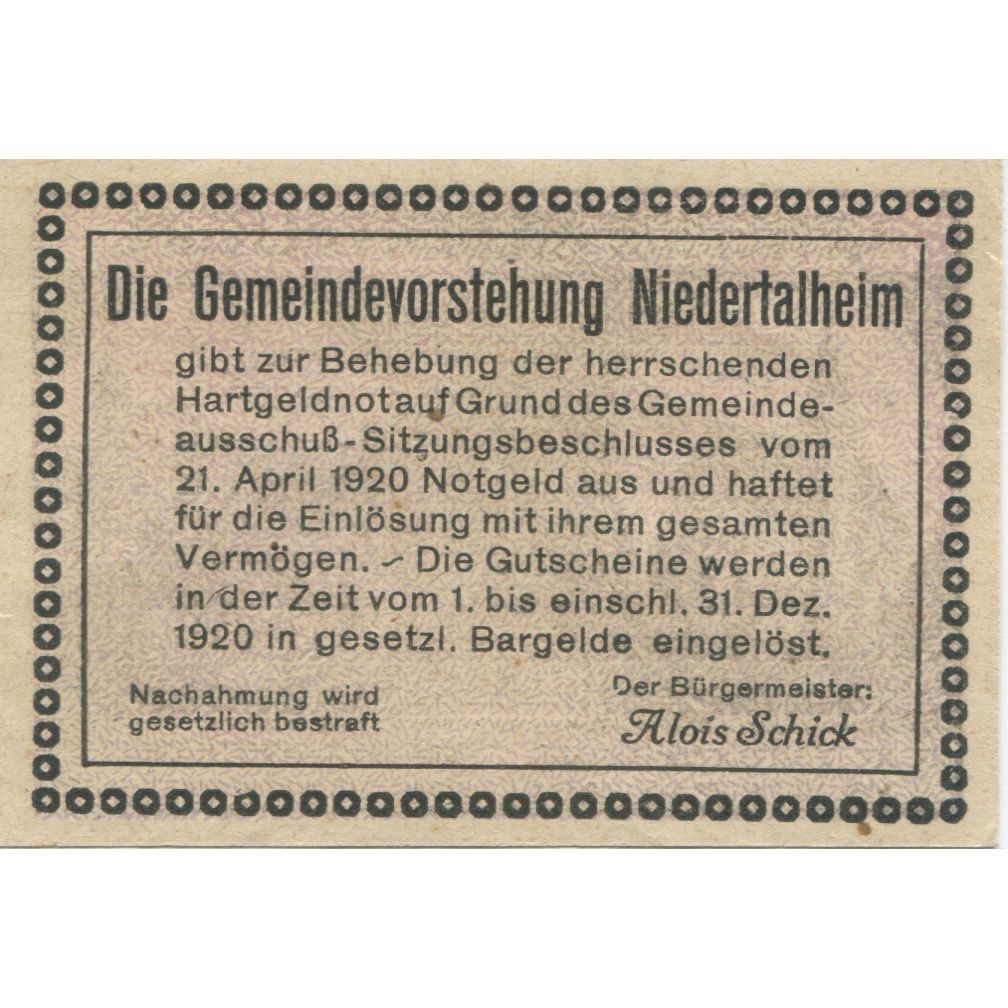 Banknote, Austria, Niedertalheim, 50 Heller, Eglise, 1920 UNC(63) Mehl:FS 672b