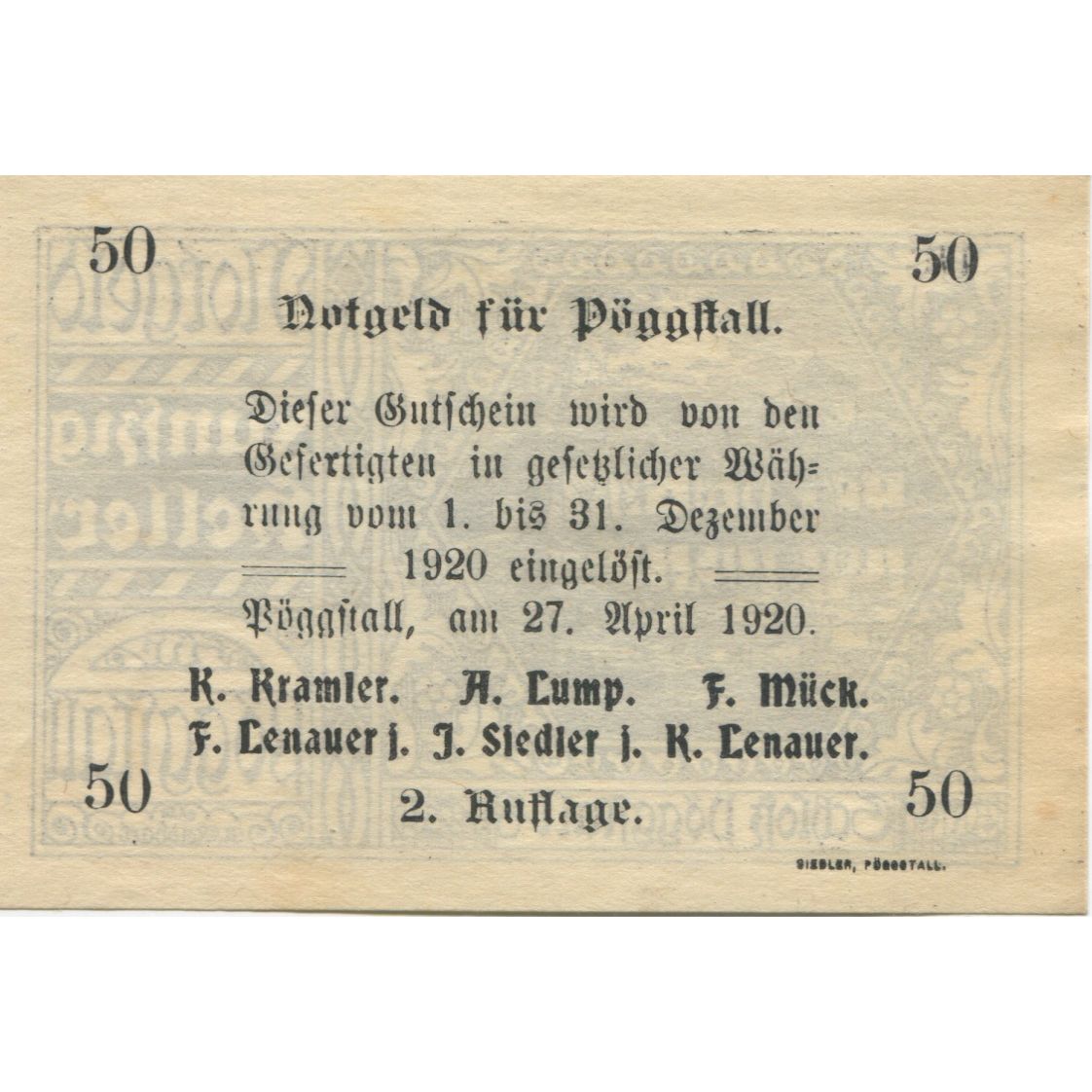 Banknote, Austria, Pöggstall, 50 Heller, château, 1920 UNC(63) Mehl:FS 756I