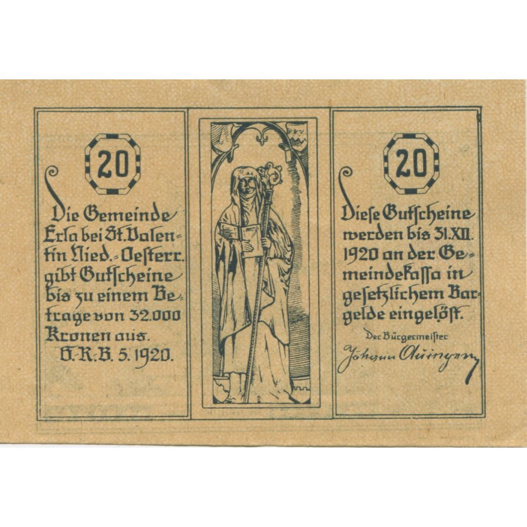 Banknote, Austria, St Valentin, 20 Heller, Eglise, 1920 UNC(63) Mehl:FS 941