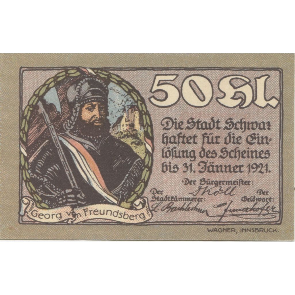 Banknote, Austria, Schwaz, 50 Heller, Monument, 1920 UNC(63) Mehl:FS 983a