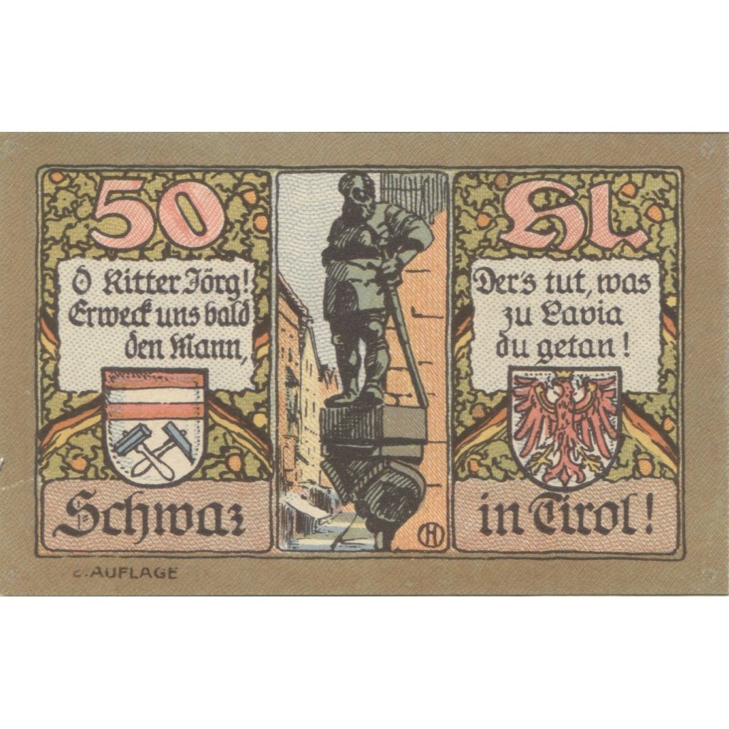 Banknote, Austria, Schwaz, 50 Heller, Monument, 1920 UNC(63) Mehl:FS 983a