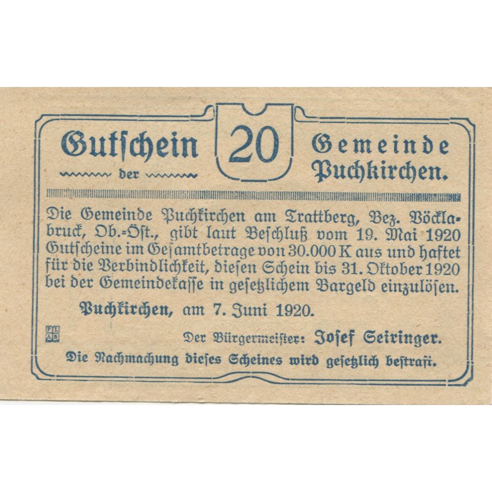Biljet, Oostenrijk, Puchkirchen, 20 Heller, épis 1920-12-31, SPL Mehl:FS 789
