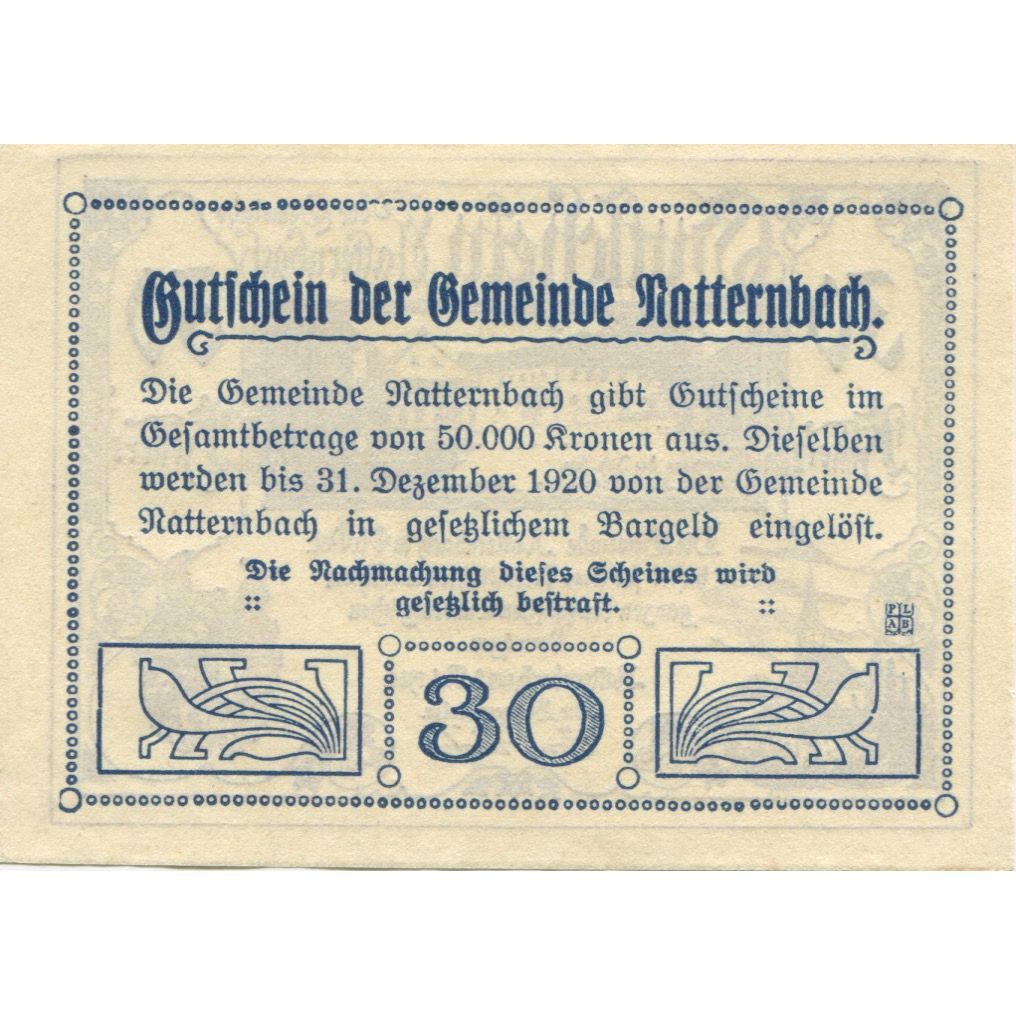 Banknote, Austria, Natternbach, 30 Heller, rue, 1920, UNC(63) Mehl:FS 643Ia