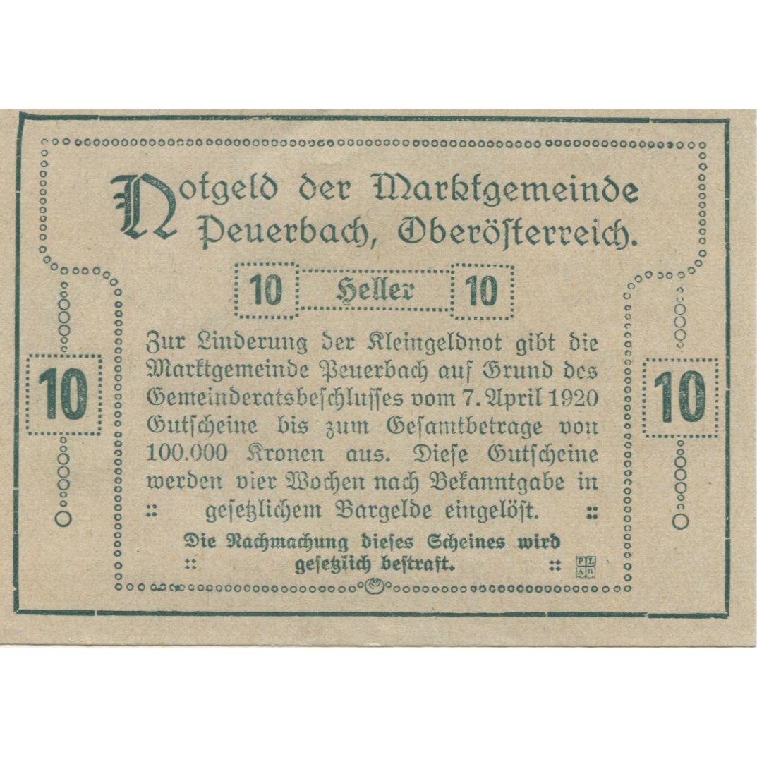 Banconote, Austria, Peuerbach, 10 Heller, rue 1920-04-07, SPL, Mehl:FS 741Ia
