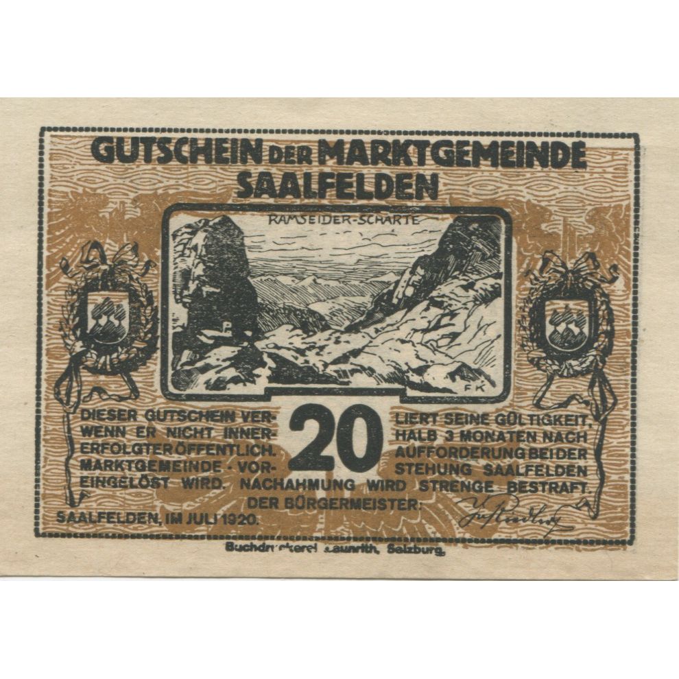 Banknote, Austria, Saalfelden, 20 Heller, paysage, 1920, UNC(63), Mehl:FS 859a