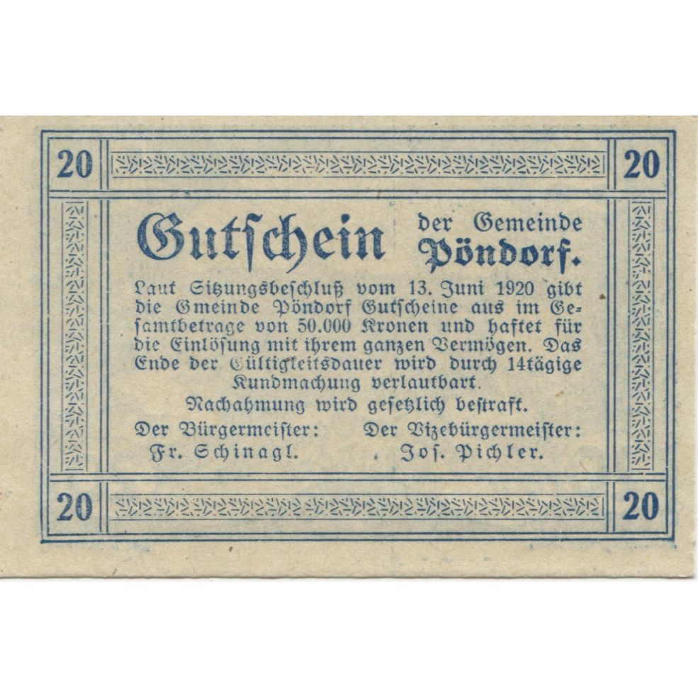 Banknote, Austria, Pöndorf, 20 Heller, Animaux, 1920, UNC(63), Mehl:FS 757a