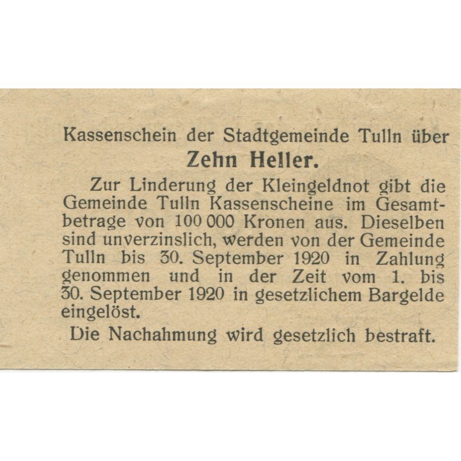 Banconote, Austria, Tulln, 10 Heller, Texte, 1920 SPL, Mehl:FS 1083I