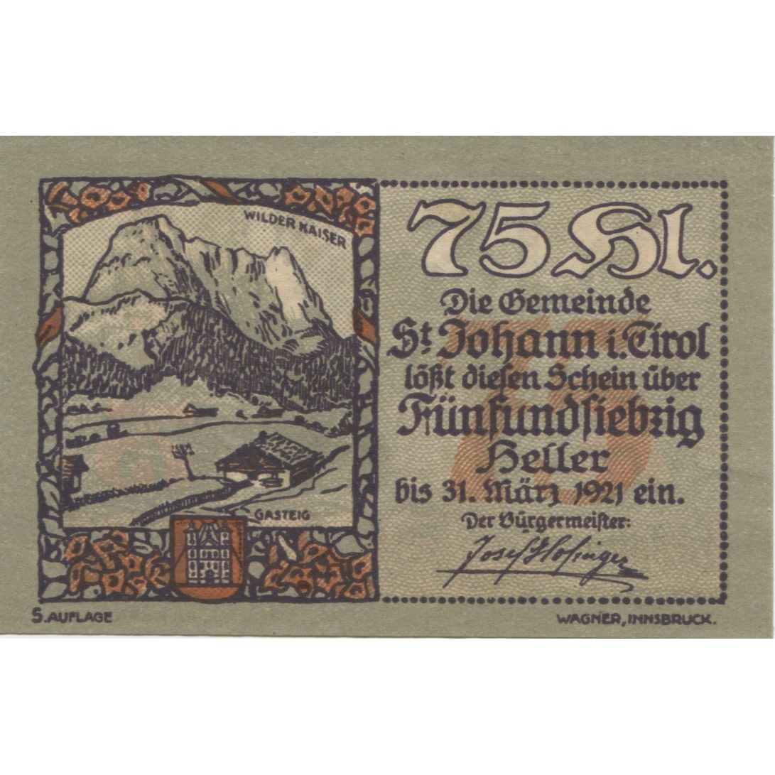 Geldschein, Österreich, St Johann, 75 Heller, paysage 1921 UNZ- Mehl:FS 898a