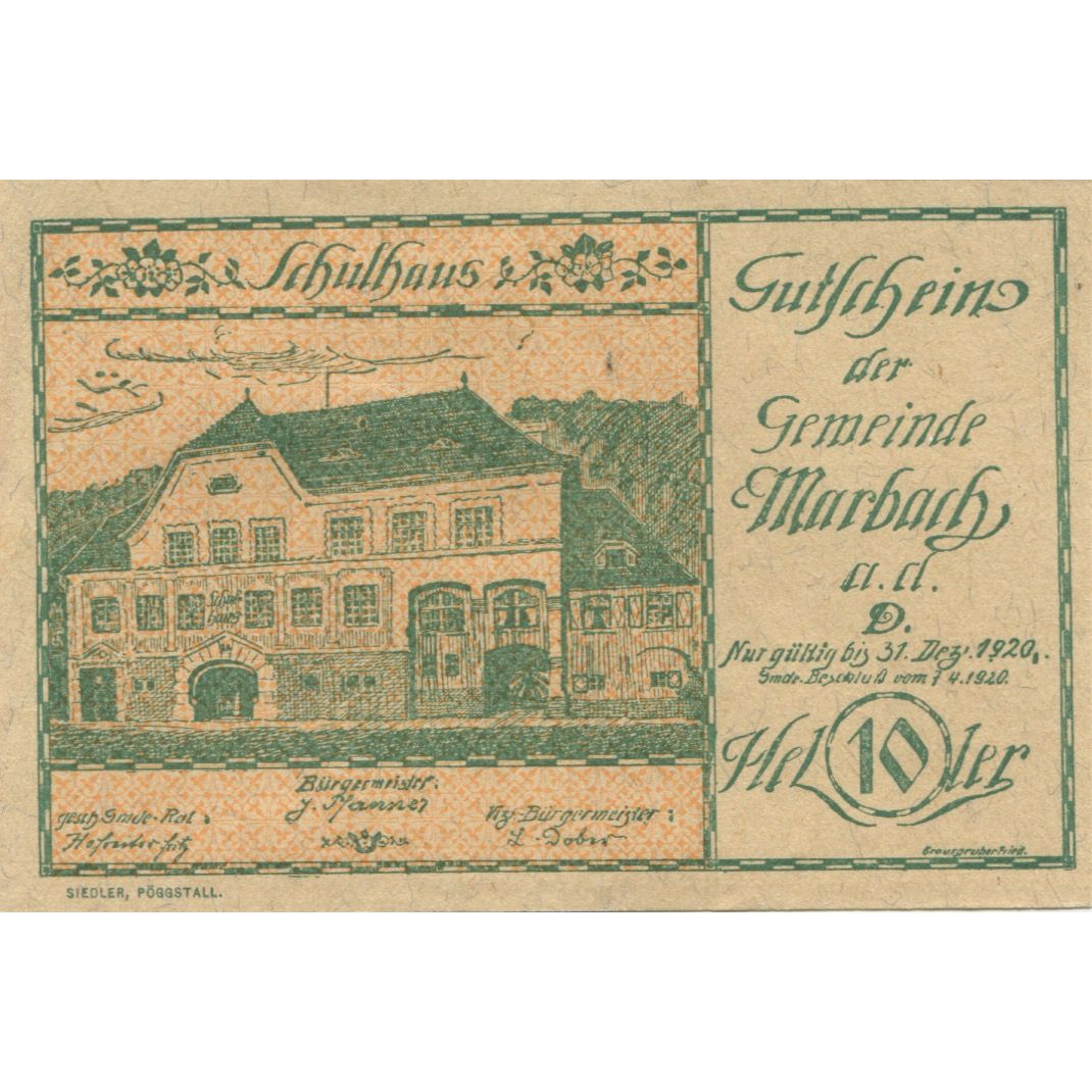 Banknote, Austria, Marbach, 10 Heller, Batiment, 1920 UNC(63) Mehl:FS 579I