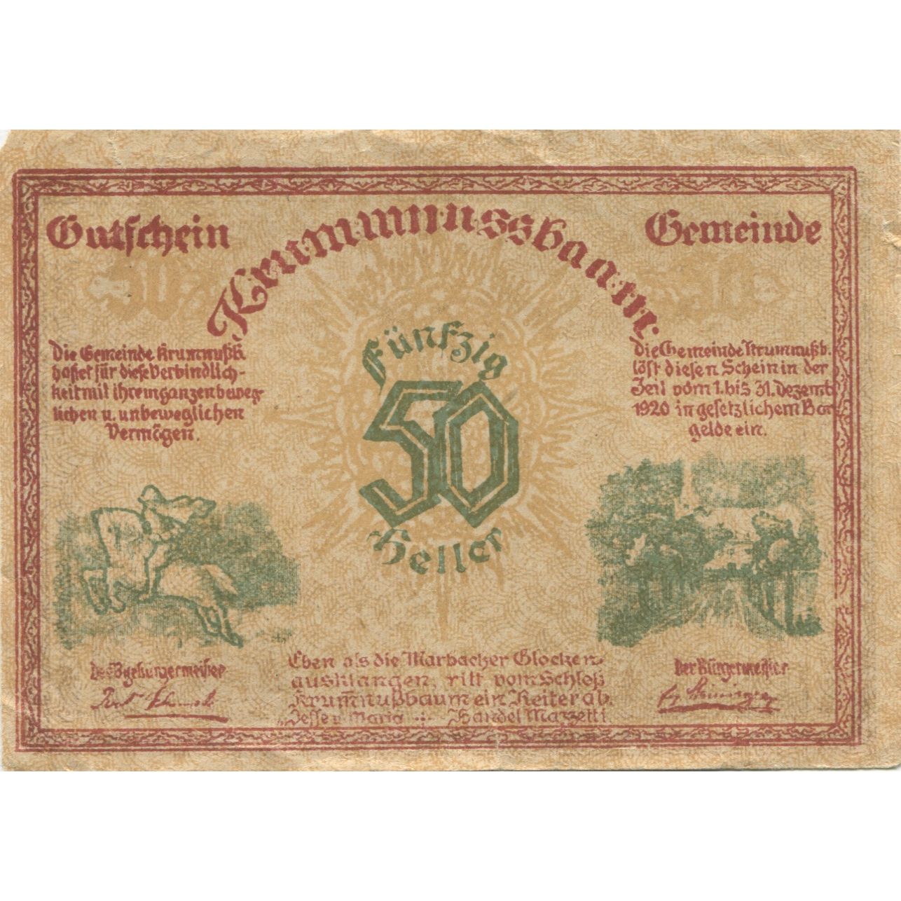 Banknote, Austria, Krummnussbaum, 50 Heller, arbre, 1920 AU(50-53) Mehl:FS 488Ia