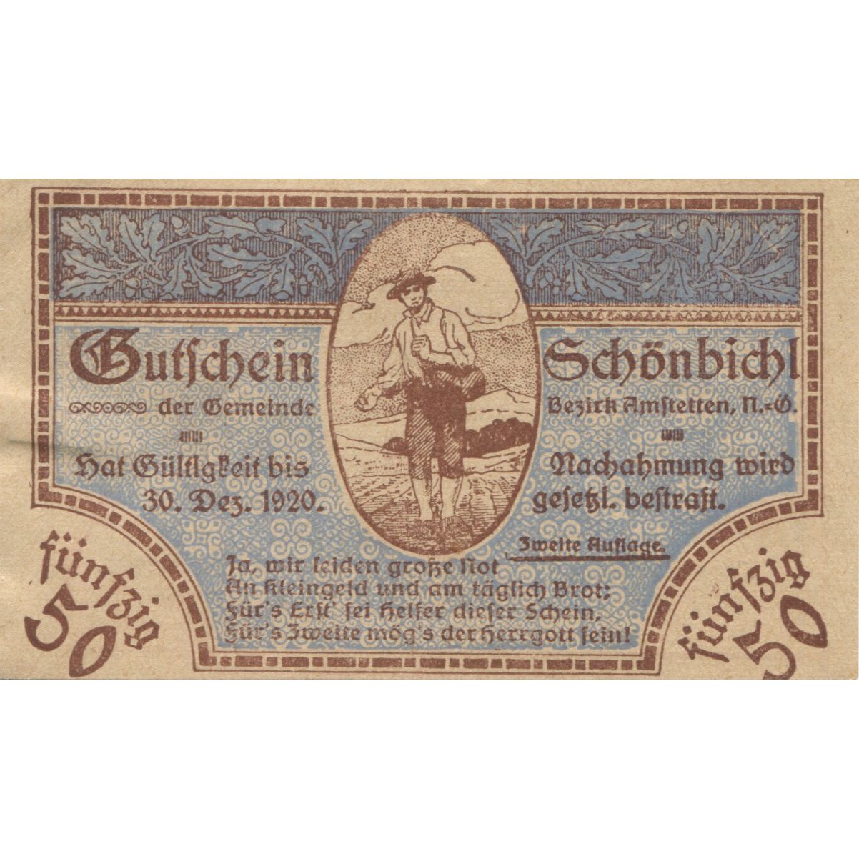 Banknote, Austria, Schonbichl, 50 Heller, champs, 1920 UNC(63) Mehl:FS 969I