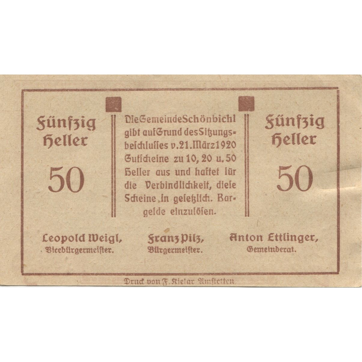 Banknote, Austria, Schonbichl, 50 Heller, champs, 1920 UNC(63) Mehl:FS 969I