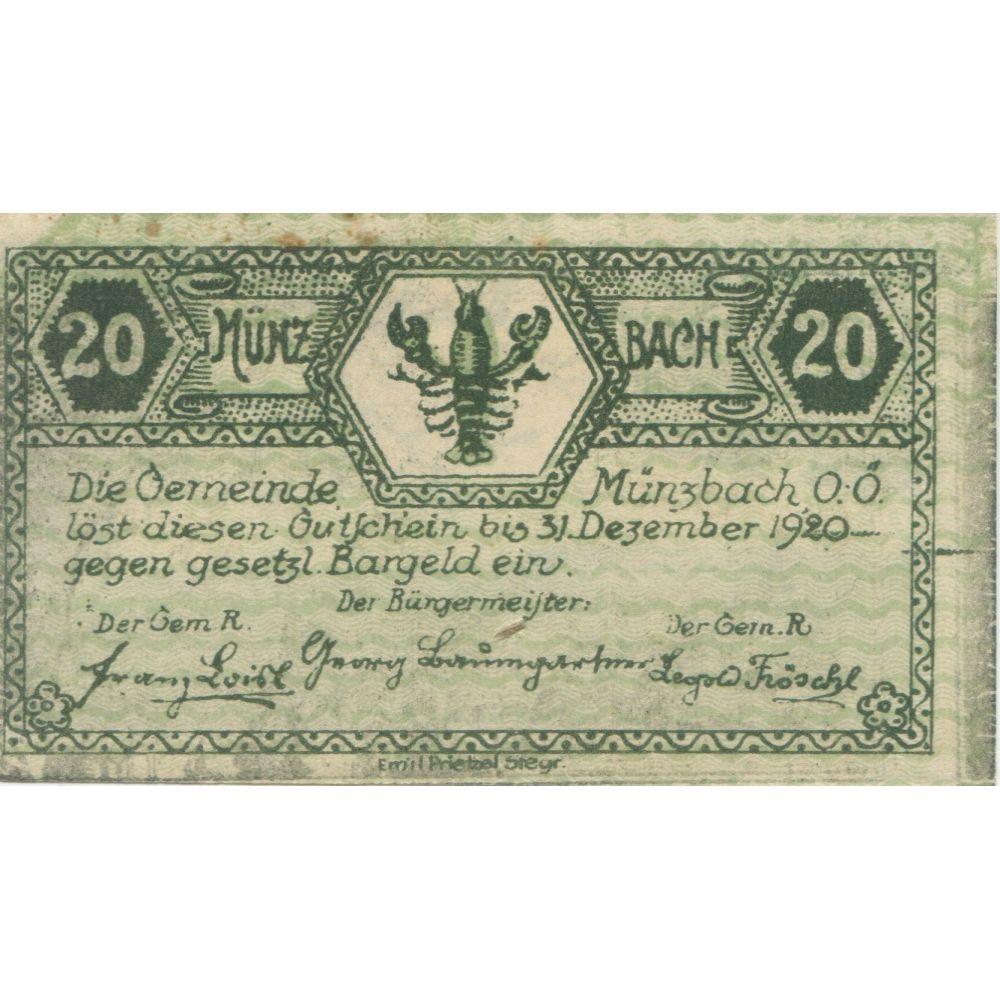Banknote, Austria, Munzbach, 20 Heller, paysage, 1920 UNC(63) Mehl:FS 636I