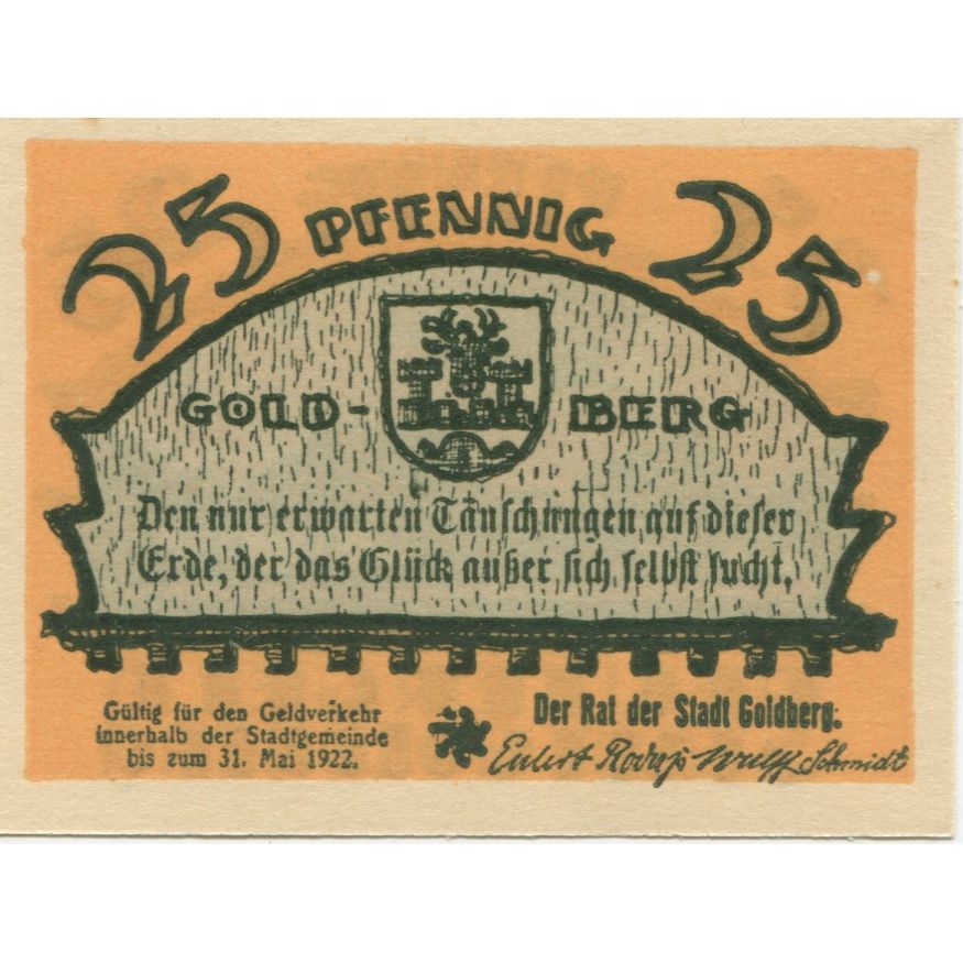 Billete, Alemania, Goldberg, 25 Pfennig, village 1922-05-31, SC Mehl:452.1