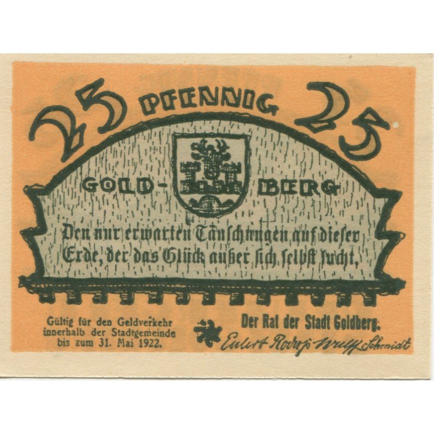 Banknote, Germany, Goldberg, 25 Pfennig, ferme, 1922-05-31, UNC(63) Mehl:452.1