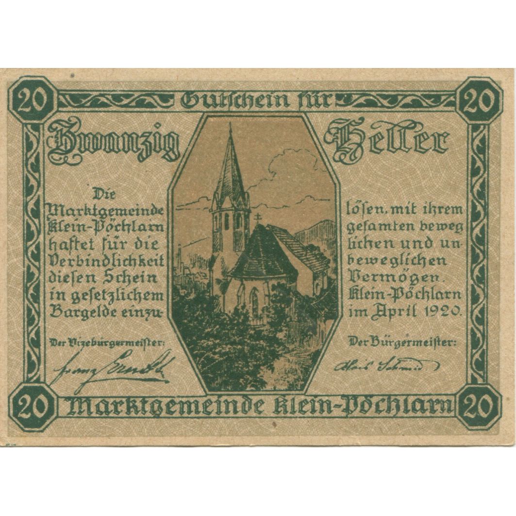 Banknote, Austria, Klein Pöchlarn, 20 Heller, Eglise, 1920 UNC(63) Mehl:FS 457c