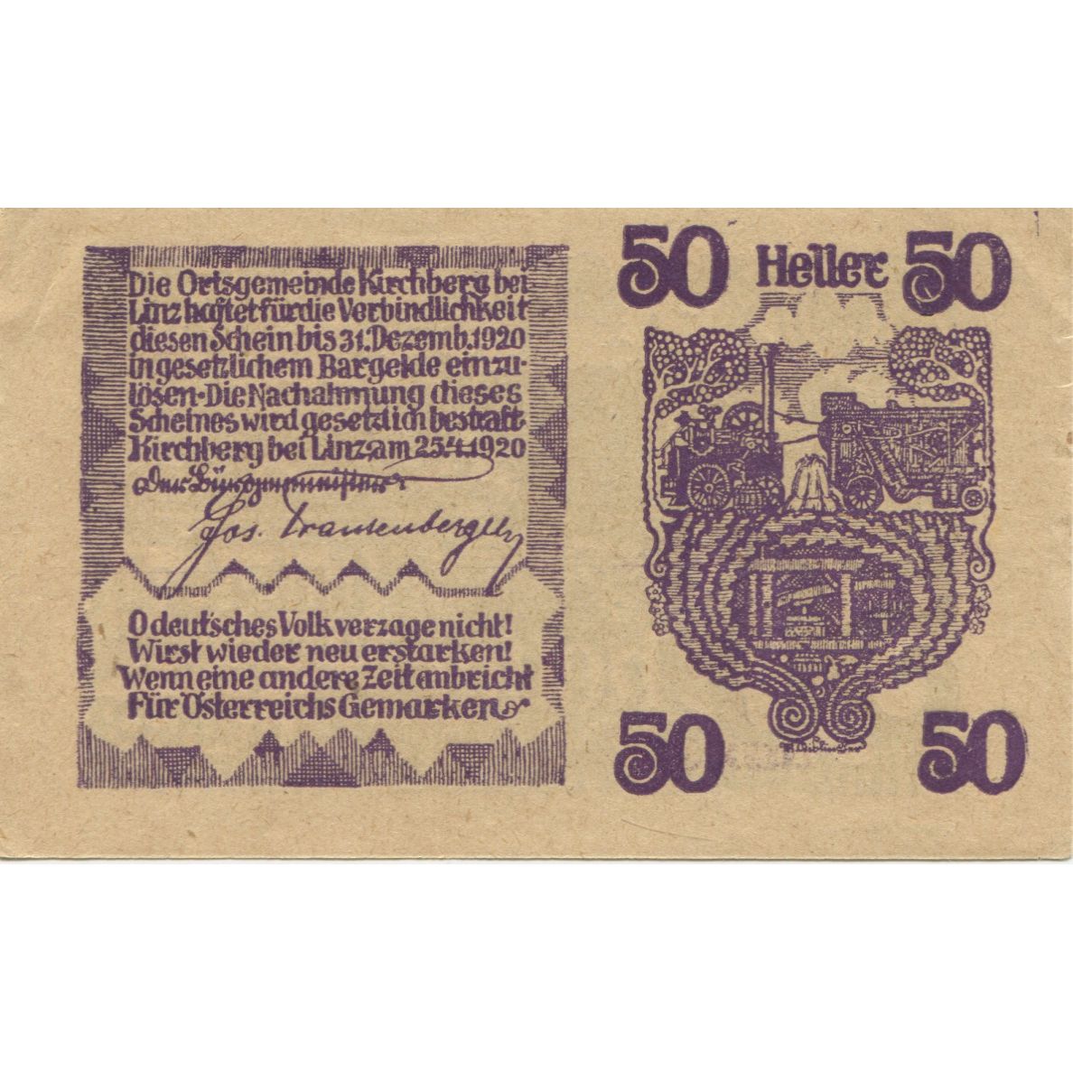 Banconote, Austria, Kirchberg, 50 Heller, village 1920-12-31, SPL Mehl:FS 443