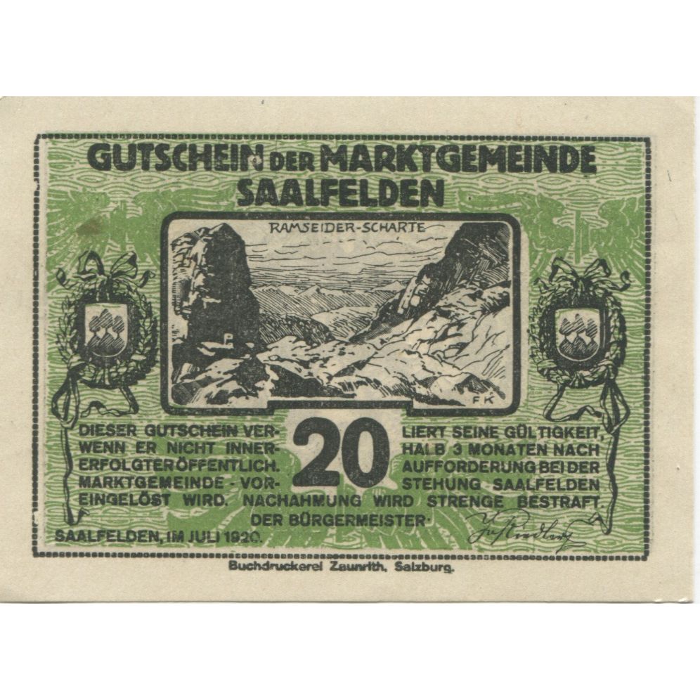 Banknote, Austria, Saalfelden, 20 Heller, ruine, 1920, UNC(63), Mehl:FS 859b