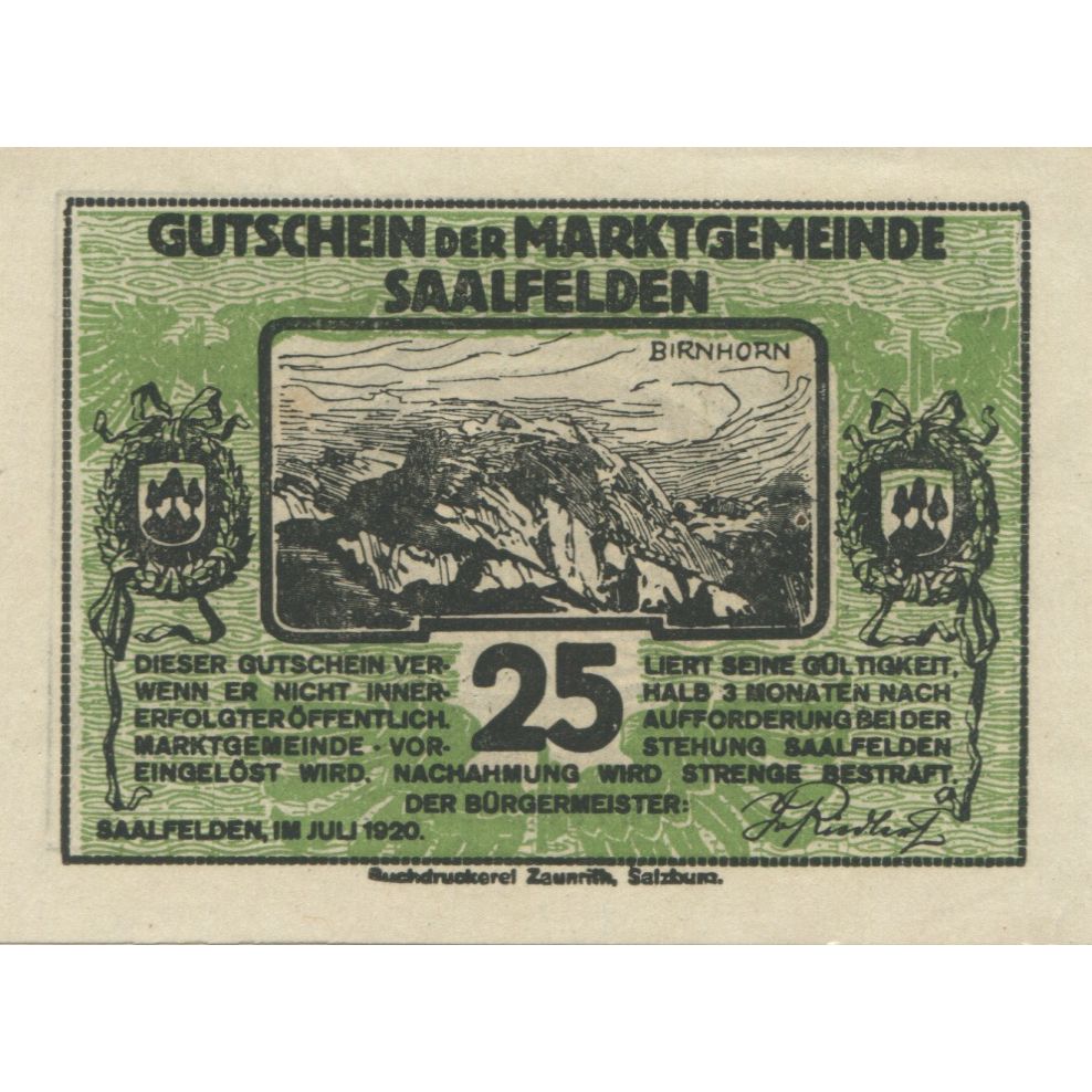Banknote, Austria, Saalfelden, 25 Heller, paysage, 1920, UNC(63), Mehl:FS 859b