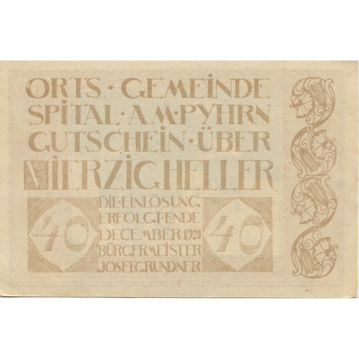 Banknote, Austria, Spital, 40 Heller, montagne, 1920, UNC(63), Mehl:FS 1007IIb