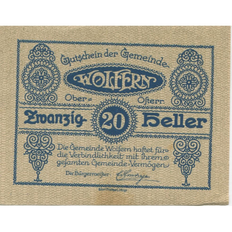 Banknote, Austria, Wolfern, 20 Heller, château, 1920 UNC(63) Mehl:FS 1248