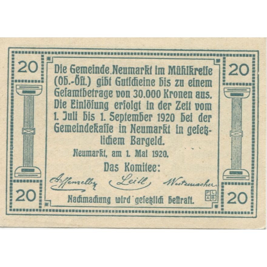 Banknote, Austria, Neumarkt, 20 Heller, Eglise, 1920 UNC(63) Mehl:FS 664b