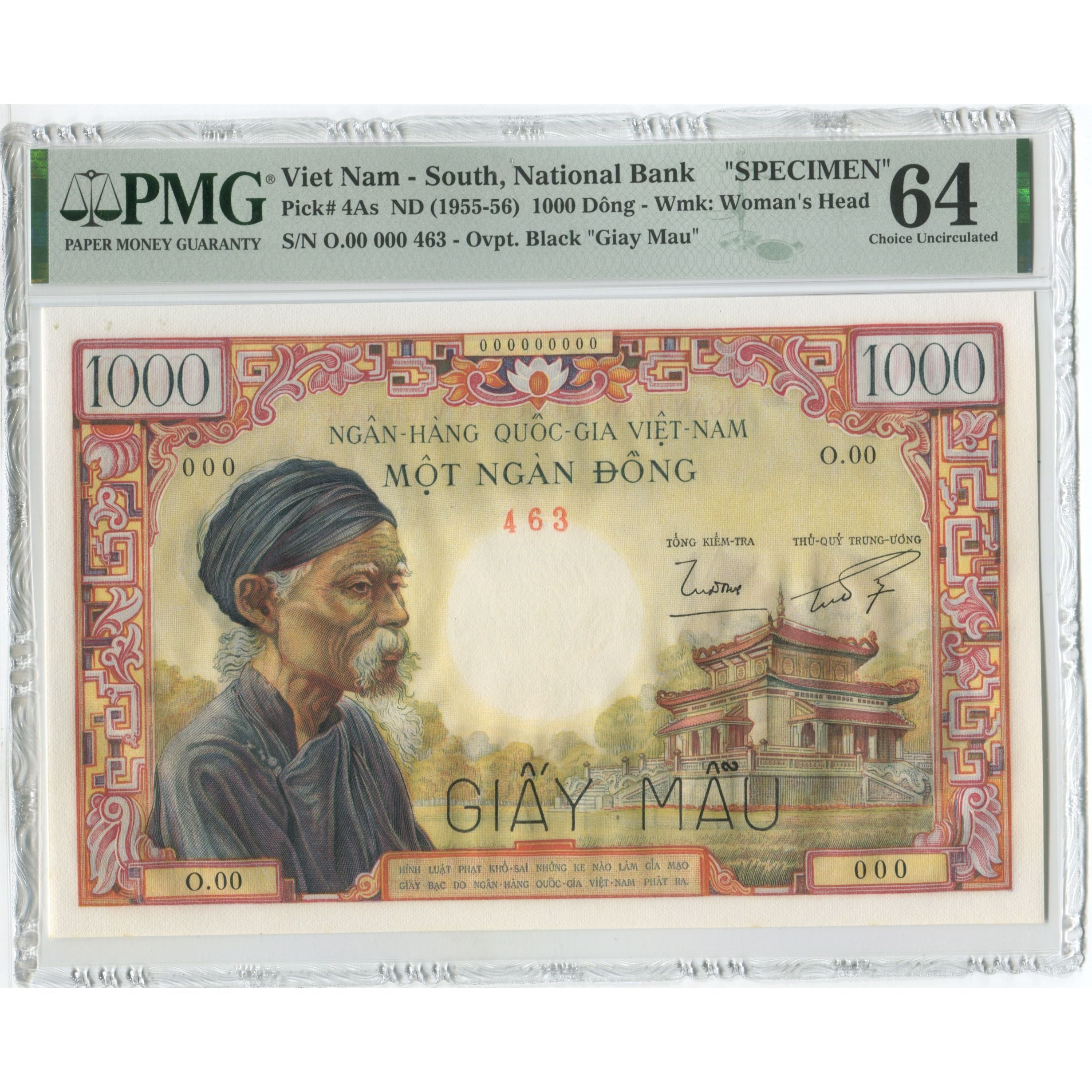 South Vietnam, 1000 Dông, n.d. (1955-1956), Specimen, UNZ-, PMG, Ch UNC 64