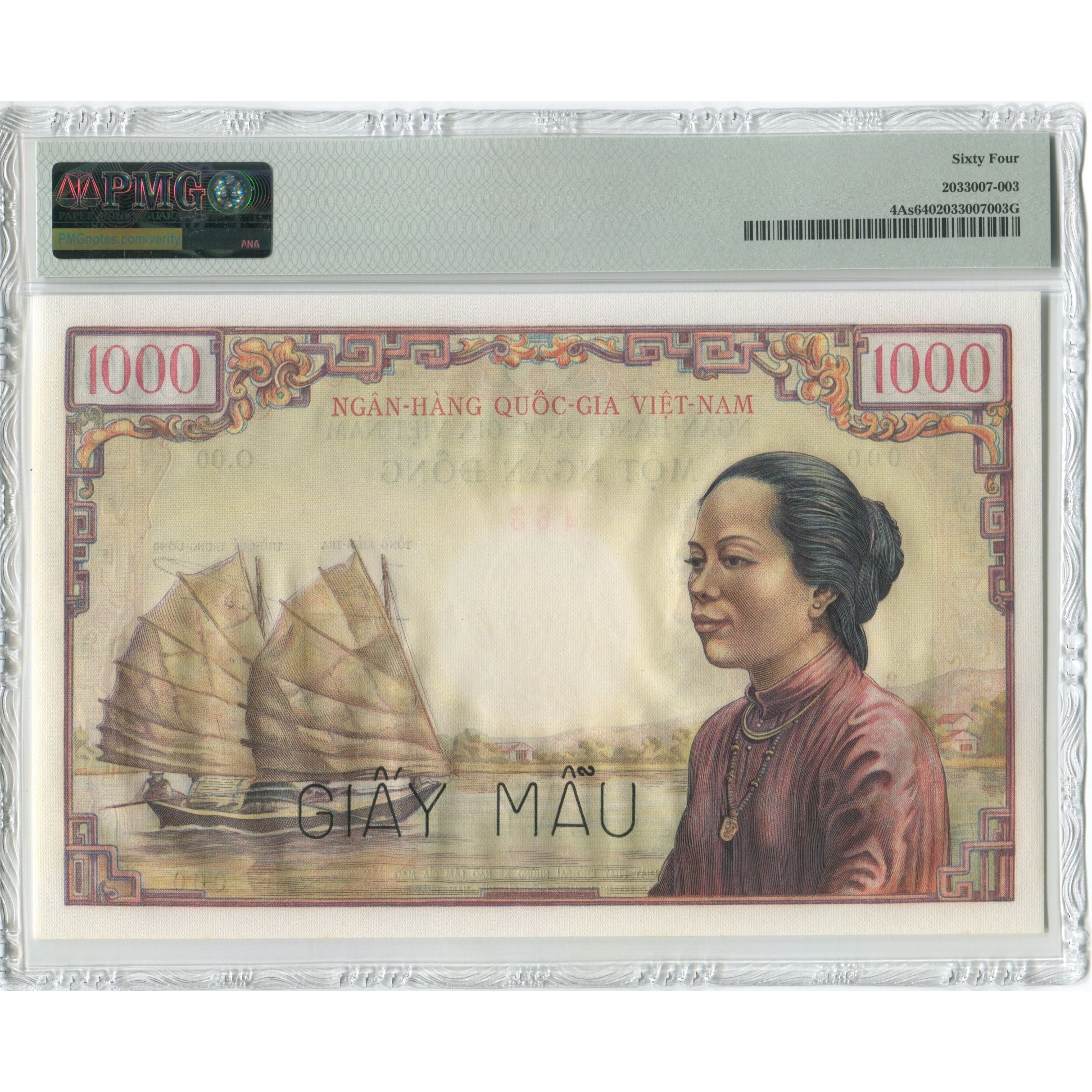 South Vietnam, 1000 Dông, n.d. (1955-1956), Specimen, UNZ-, PMG, Ch UNC 64