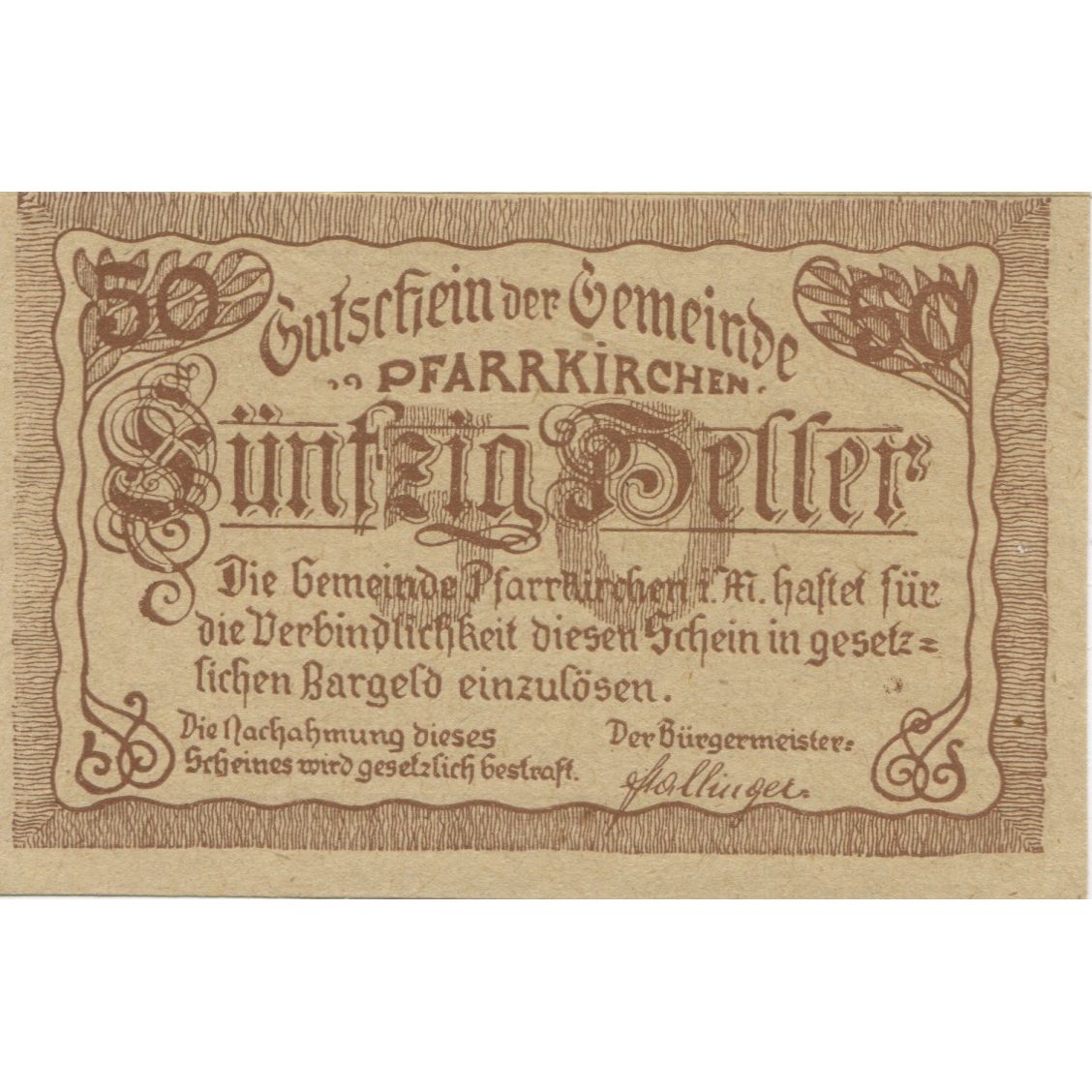Banknote, Austria, Pfarrkirchen, 50 Heller, village, 1920 UNC(63) Mehl:FS 744Ia
