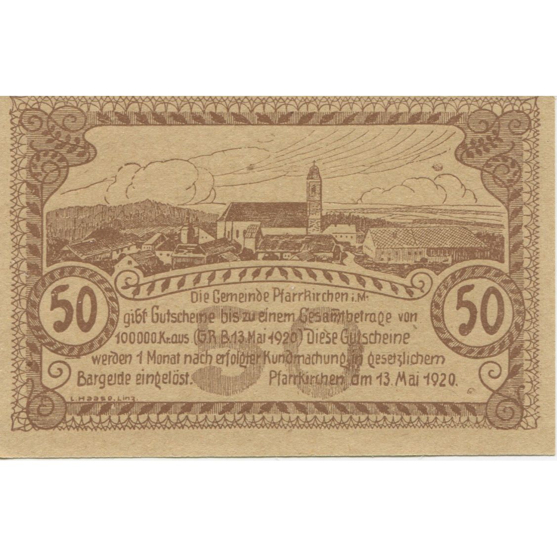 Banknote, Austria, Pfarrkirchen, 50 Heller, village, 1920 UNC(63) Mehl:FS 744Ia